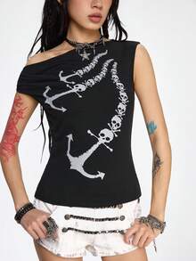 ROMWE Grunge Punk Áo thun trẻ em ôm sát in hình đầu lâu, mỏ neo tàu cướp biển, vai chéo, màu tối theo phong cách Y2K. - màu đen - Xem 6