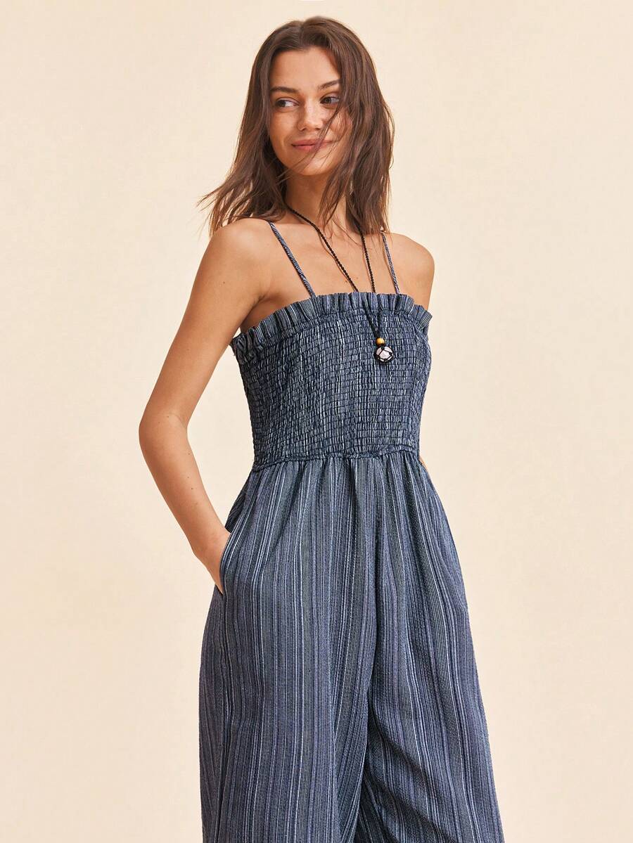 Coeurva Bộ jumpsuit nữ đi nghỉ mát kẻ sọc hai dây xếp nếp - Xám - Xem 1