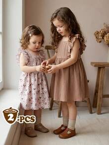 SHEIN Vintaside Kids 两件套女婴休闲纯色粉色碎花无袖连衣裙，适合户外玩耍或居家穿着。 - 彩色 - 查看 5