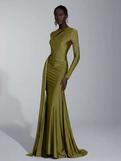 Elitara Elegant, Romantic, Sexy, Minimalist Deep Purple Knitted Stretchy Fabric Hollow-Out Decor Round Neck Long Sleeve Fishtail Hem Dress, Fashionable, Influencer Style, Suitable For Holidays, Vacations, Birthday Parties, Weddings, Bridesmaid