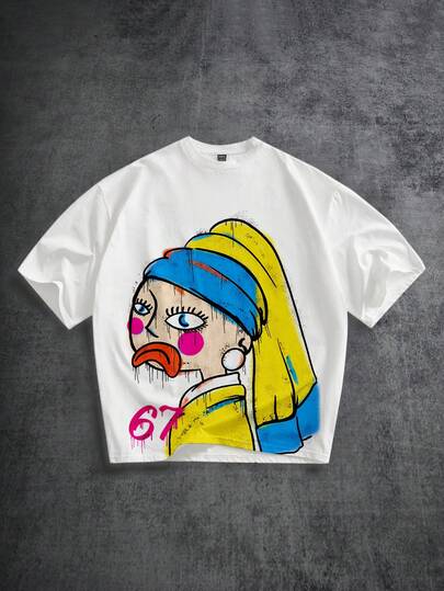 Manfinity ZONE917 超大趣味彩色涂鸦蒙娜丽莎无言图案印花白色短袖T恤，适合夏季穿着，送给男友或自己的个性礼物（高品质）