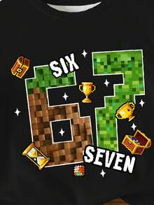 Áo thun ngắn tay cổ tròn dành cho bé trai, kiểu dáng thường ngày, thời trang cổ điển, cá tính, mang phong cách Mỹ vintage, thể thao, in số "67", số 6 và 7, thích hợp cho mùa xuân/hè, thu/đông. - màu đen - Xem 5