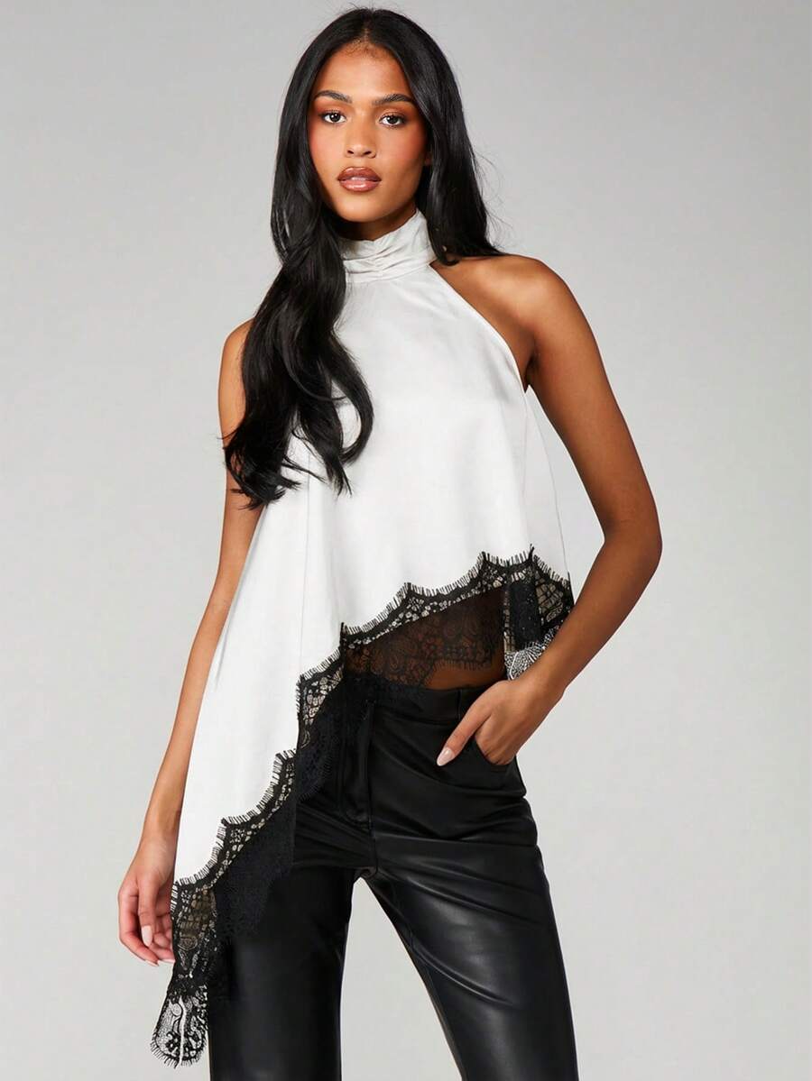 MISSGUIDED Áo không tay cổ yếm với chi tiết ren đen, thích hợp cho các buổi tiệc tối thường ngày. - Đen và trắng - Xem 1