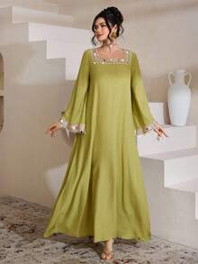 Al Najma Elegant Woven Strap Square Collar Flare Sleeve Dress, Spring/Summer - Green - View 5