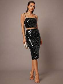 Silquee 两件套性感红色吊带紧身连衣裙 - 黑色 - 查看 3