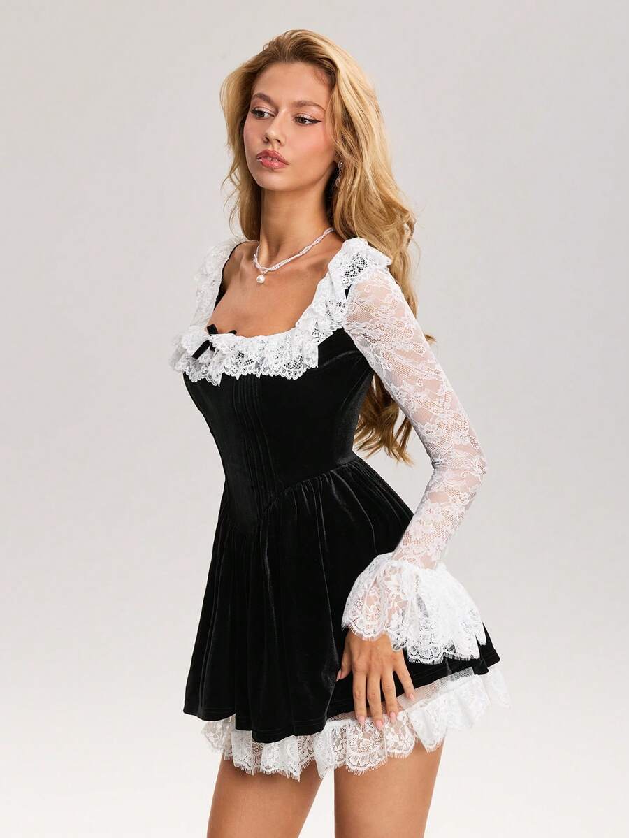 Sweetina 女士方领撞色蕾丝拼接正式派对黑白长袖连衣裙，适合生日、度假、婚礼、情人节等场合。 - 黑與白 - 查看 1