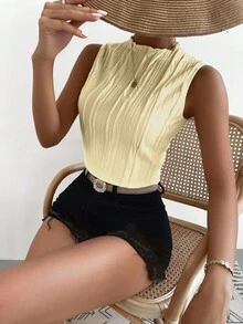 SHEIN LUNE 女士纯色褶皱设计休闲百搭背心 - 淡黃色 - 查看 6
