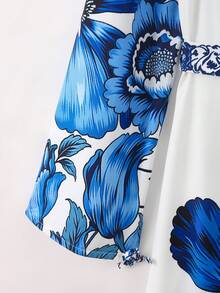 Franclia 女士蓝色花卉印花度假腰带长袖衬衫裙 - 藍白色 - 查看 6