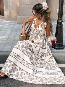 Breezaya Women's White And Brown Paisley Printed Maxi Dress,Boho Sleeveless V-Neck Fringe Rope A-Line Summer Vacation Holiday Dress,Vintage Elegant Beach Gown - Multicolor - View 8