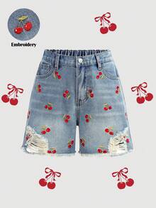 SHEIN Girlism Tween Mädchen Frühlings- und Sommer Distressed Y2K Boho Kirsch-Stickerei zerrissene blaue Denim Shorts Bermuda Frühlings-/Sommer Alltagskleidung Streetwear Strand, Geburtstage Lässig Jeans, Urlaub, Valentinstag, Grafik Jeans Shorts, 2000er Bermuda, Sommer - Mittele Waschung - Übersicht 2