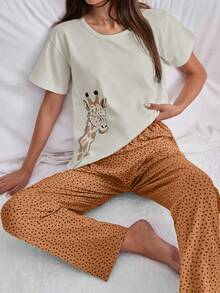 EURMUSE 100%Cotton 2Pcs Cotton Animal Print Shirt And Heart Printed Long Bottom PJ Set - White - View 3