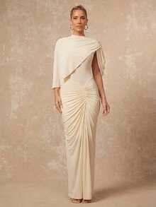 Lumalex 不对称金属装饰网纱柔软飘逸褶皱腰身修身长袖连衣裙,适合女士穿着,垂坠感十足,棕色长裙,杏色优雅长袖连衣裙,杏色婚礼宾客礼服,波西米亚风/浪漫风/魅力风/派对风/优雅风,奢华舞会聚会宴会,低调奢华,闪耀节日派对,锐舞节,郊游度假,户外休闲,层次丰富,适合婚礼季宴会、圣诞节、新年派对、宰牲节派对、情人节约会、晚宴派对,适合秋/春/夏穿着,春季女装 - 杏色 - 查看 4