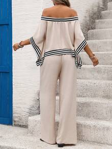 Breezaya Bộ đồ thể thao nữ đi nghỉ mát gồm áo sơ mi kẻ sọc trễ vai vạt lệch và quần ống rộng, kiểu dáng thường ngày. - Màu Khaki - Xem 3