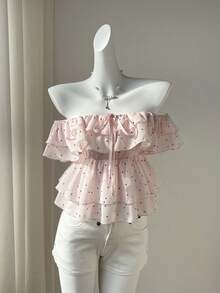 Elamini Women's Chiffon Polka Dot Cap Sleeve Off Shoulder Ruffle Hem Romantic Vacation Blouse - Multicolor - View 3