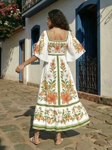 CAJUNI Vestido casual de mujer con cuello cuadrado, mangas con volantes y estampado floral - Multicolor - Ver 1