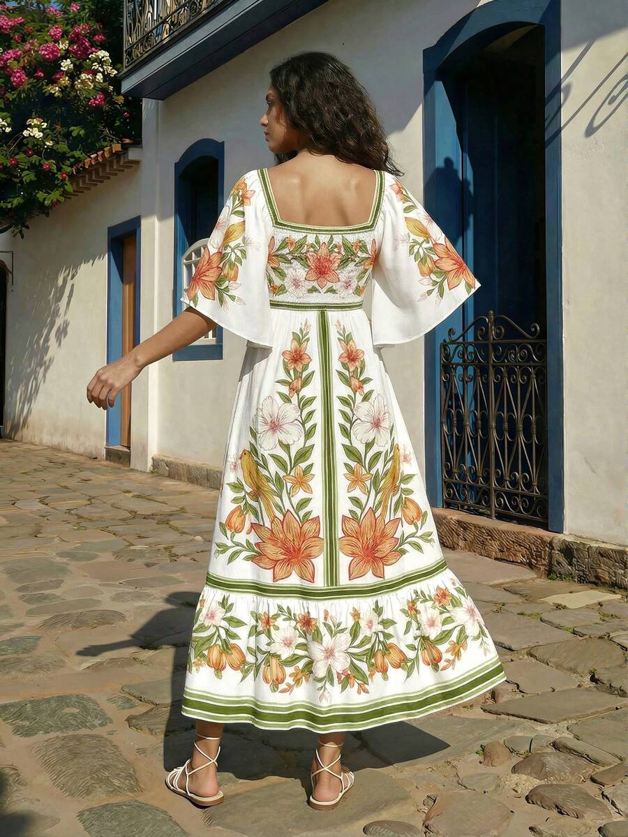 CAJUNI Vestido casual de mujer con cuello cuadrado, mangas con volantes y estampado floral - Multicolor - Ver 1
