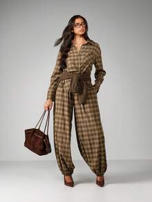 MISSGUIDED 女士格纹阔腿灯笼裤 高腰休闲秋冬舒适宽松版型 - 卡其色 - 查看 3