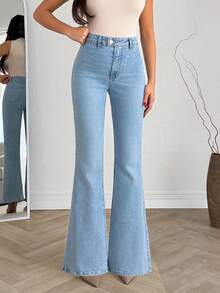EURMUSE Quần jean denim ống loe cạp cao co giãn nâng mông - Rửa nhẹ - Xem 5