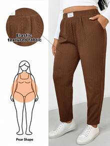 Shapeblank Plus-Size Women's Autumn/Winter Fashion Casual Comfortable Everyday Slimming Textured Fabric Black Elastic Waist Tapered Pants,Fall Outfits,Women Bottom,Simple Style,Curve Pants,Work Pants - Brown - View 1