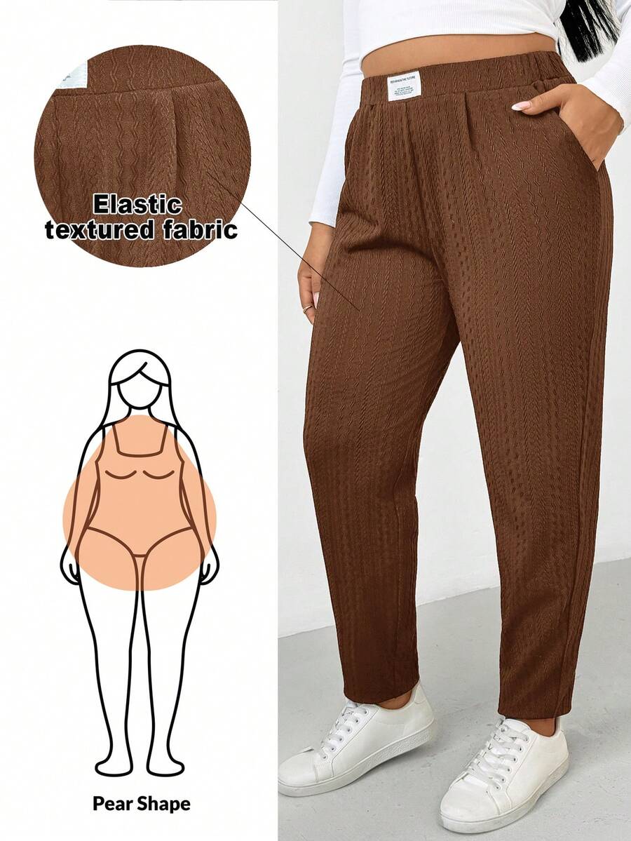 Shapeblank Plus-Size Women's Autumn/Winter Fashion Casual Comfortable Everyday Slimming Textured Fabric Black Elastic Waist Tapered Pants,Fall Outfits,Women Bottom,Simple Style,Curve Pants,Work Pants - Brown - View 1