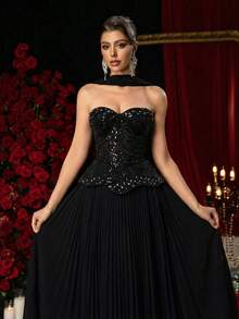 Glamrae 优雅、浪漫、奢华、高贵，这款奢华的红色亮片雪纺拼接褶皱长裙，搭配超大裙摆，适合度假、婚礼、单身派对、正式舞会、盛大晚宴等场合。 - 黑色 - 查看 3