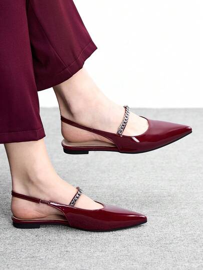 CUCCOO BIZCHIC Women's Burgundy Patent Leather Pointed Toe Chain Decor Backless Slip-On Shoes, Versatile For Commuting Valentine's Day