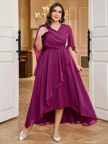 Reflora Đầm midi ngắn tay xếp ly màu trơn dành cho nữ cỡ lớn, thanh lịch - Màu đỏ tím - Xem 6