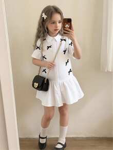 Elladie kids 女童白色中长款短袖喇叭袖蝴蝶结纽扣前开襟甜美休闲连衣裙，夏季两件套女童白色休闲连衣裙，女童连衣裙，儿童女童星形衬衫半身裙两件套，儿童水手服连衣裙，女童黑白教堂连衣裙，儿童白色百褶连衣裙，女童亲子装，姐妹亲子装，白色可爱连衣裙，女童连衣裙，白色印花连衣裙，女童休闲连衣裙，女童翻领连衣裙 - 白色 - 查看 4