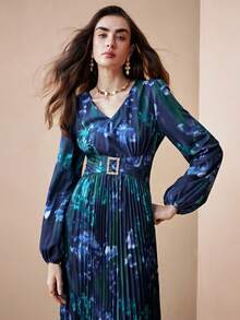Arave Đầm maxi dài tay cổ chữ V nhuộm màu tie-dye đính đá và cúc kim loại, kiểu dáng thanh lịch, thắt eo, thích hợp cho kỳ nghỉ và tiệc tùng. - Nhiều màu - Xem 7