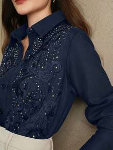 Anewsta Women's Linen Embroidered Long Sleeve Blouse, Elegant Vacation Shirt Top In Navy Blue, Indigo Blue, Gold With Rhinestones, Spring/Summer - Royal Blue - View 2