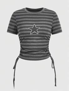 ROMWE Grunge Punk Women's Side Drawstring Striped Print Star Embroidery Skinny Round Neck T-Shirt, School - Black - View 1
