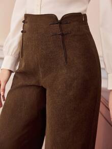 Vintamour 复古经典优雅女士长裤，修身直筒裤，新款中式纽扣棕色长裤，秋冬棕色女士高腰阔腿裤，春季女士长裤，棕色灯芯绒女士优雅长裤，高腰灯芯绒女士长裤 - 棕色 - 查看 3