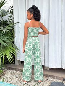 Tween Girl Vacation Bohemian Totem Floral Camisole Top + Loose Straight Leg Pants Woven Top Set - Army Green - View 2