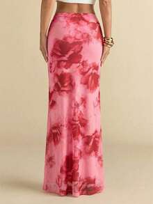 SHEIN BAE Women's Floral Pattern Mesh Midi Skirt, Summer - Rose Red - View 2