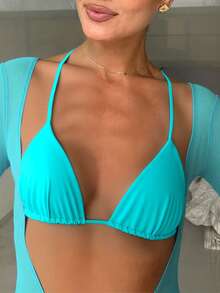 Bonvoyette Bộ bikini gợi cảm mùa hè dành cho nữ, màu trơn, kiểu cổ yếm xếp ly, kèm áo khoác ngoài. - Màu xanh nhạt - Xem 8