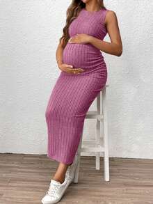 SHEIN 2pcs Maternity Solid Ribbed Tank Top And Adjustable Waist Pencil Skirt Casual Set - Pink - View 6