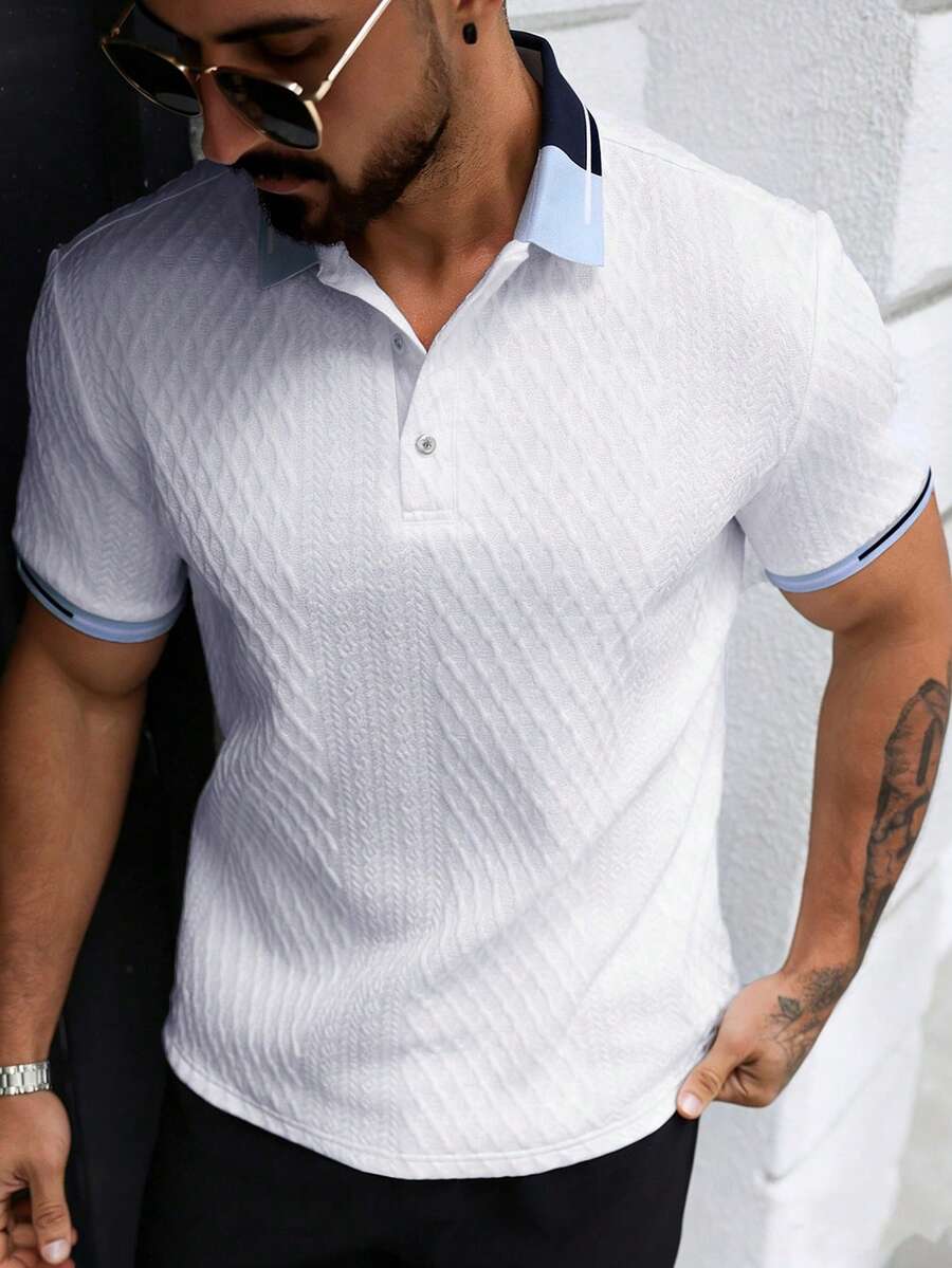 Manfinity Homme 男士休闲撞色短袖Polo衫，夏季男士针织衫，男士网眼衫，透气衬衫，男士翻领Polo衫，男士翻领衬衫，复古风格，适合日常休闲、周末旅行、户外活动、探险旅行、轻松的工作环境或半正式场合，可作为男友/丈夫礼物、周年纪念/生日礼物、派对、夏季假期、婚礼、春夏男士高尔夫球衫。 - 白色 - 查看 1