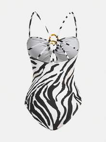 Maija Women's Vacation Zebra Print Ruched Circle Linked Fashionable One-Piece Swimsuit - Black - View 7