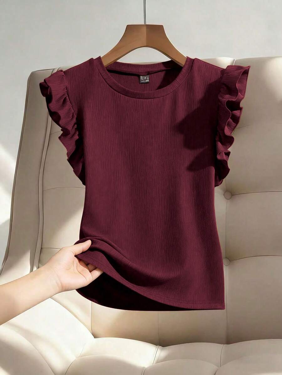 Franclia Ruffle Trim Round Neck Rib-knit Top