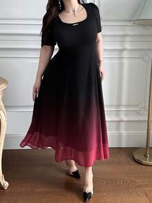Dazy Plus Plus Size Elegant Gradient Color Design Bodycon Square Neck Short Sleeve Midi Dress, Suitable For Party And Commute, Spring/Summer Sundress - Black - View 4