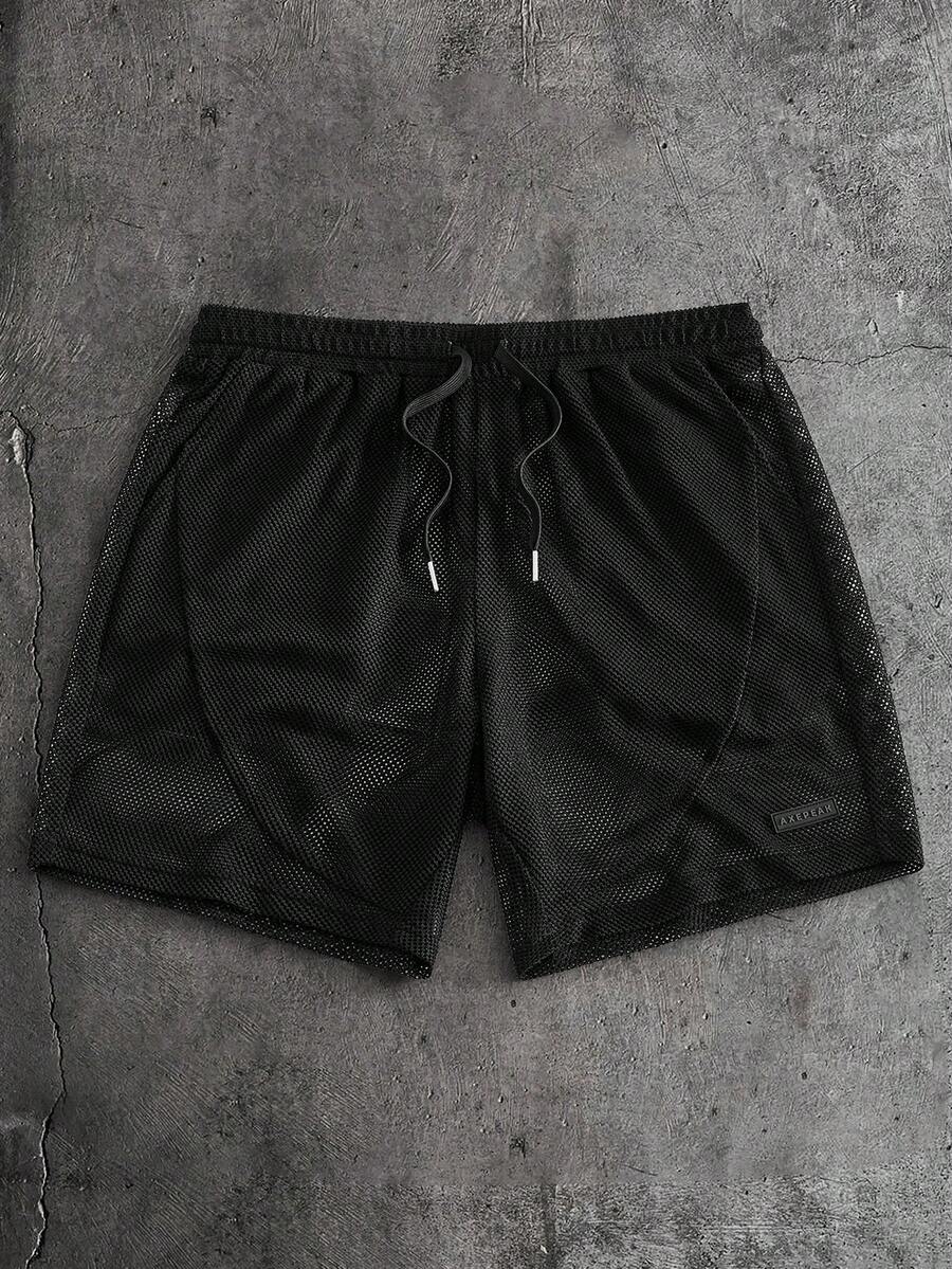 AXEPEAK Men's Letter Patched Detail Contrast Trim Drawstring Waist Shorts, Streetwear Ready - Black - View 1