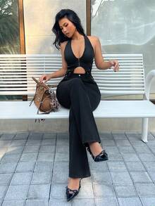SHEIN PETITE Women's Deep V-Neck Hollow Out Side Waist Grommet Lace-Up Sexy Halter Jumpsuit - Black - View 5