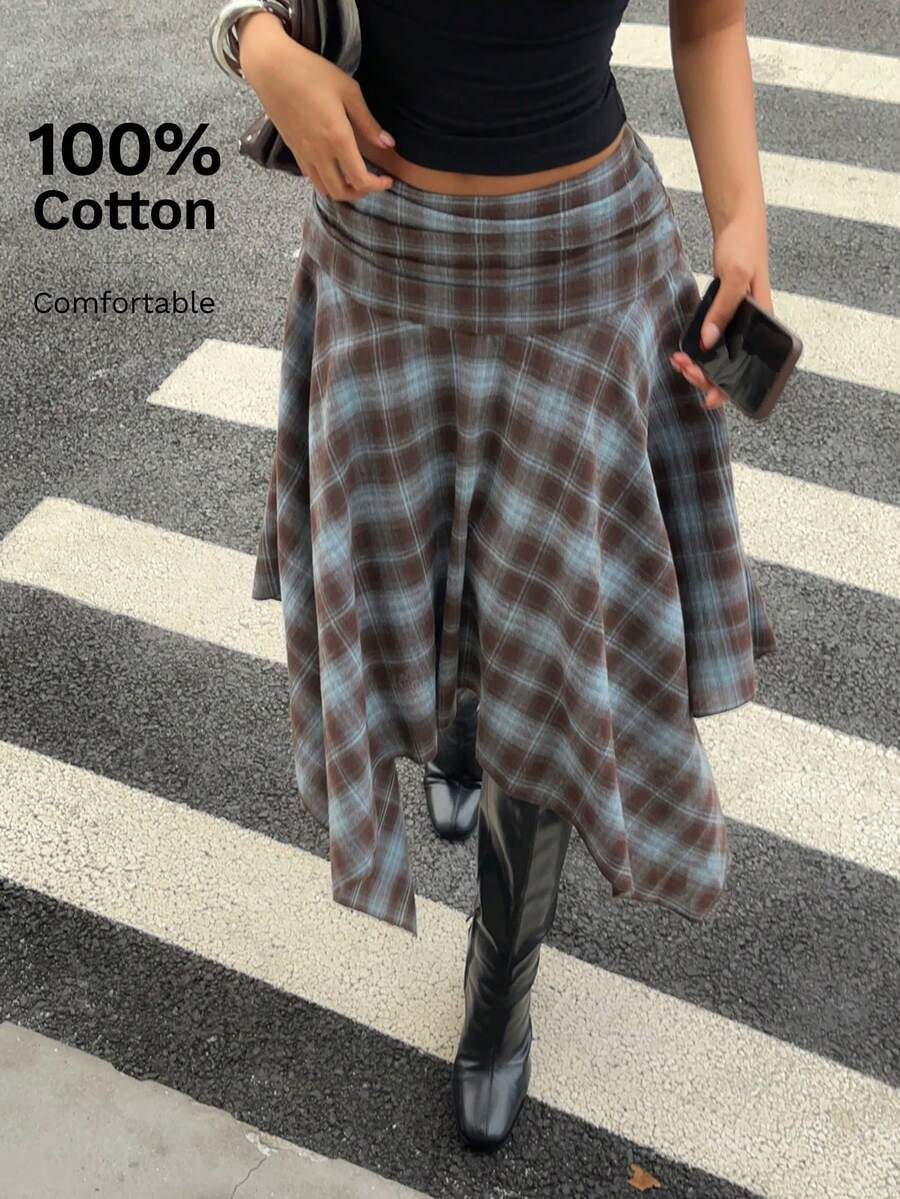 Aloruh 女士春夏新款不对称下摆格子中长裙，复古Y2K风格套装 - 藍色 - 查看 1