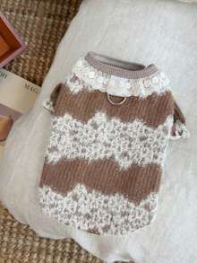 PETSIN 1pc Khaki Satin Drawstring Lace Pet T-Shirt For Autumn And Winter, Simple And Thick, Warm Pet Lace Edge Clothing - Khaki - View 2