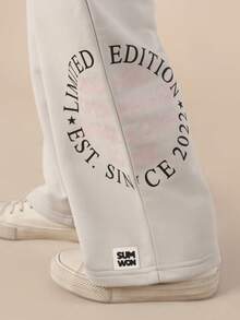 Conjunto de dos piezas de edición limitada SUMWON con estampado gráfico, camiseta de manga corta y pantalón de pierna ancha para uso casual, vacaciones - Gris - Ver 6