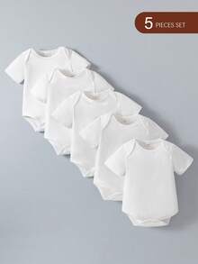 SHEIN 5pcs/Set Newborn Baby Girls' Soft Comfortable Solid Color Envelope Collar Short Sleeve Bodysuit, Casual Daily Wear, Layering, Easy On/ Short Sleeve Shorts, Spring/Summer - White - View 3