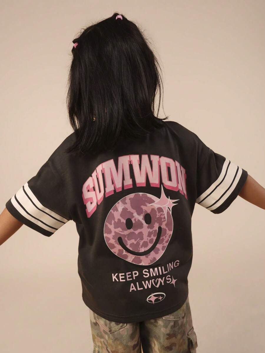 SUMWON Kids Face Graphic Tee With Striped Sleeves Crew Neck Short Sleeve T-Shirt With Fun Print Design - Black - View 1