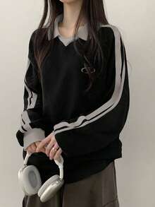 DAZY Women's Colorblock Letter Graphic Pullover Sweatshirt, Collegiate Style - Black - View 6