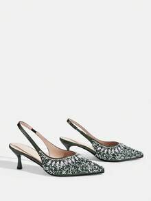 CUCCOO TILAWA Silver Toe Open Pointed-Toe Rhinestone Satin Wedding Heels For Women For Christmas Valentine's Day - Dark Green - View 3