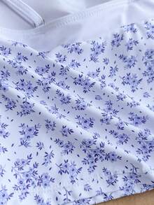 SHEIN Bộ bikini họa tiết hoa nhí buộc cổ yếm phối màu tương phản dành cho thiếu nữ, bộ bikini kín đáo. - Màu xanh lam - Xem 7